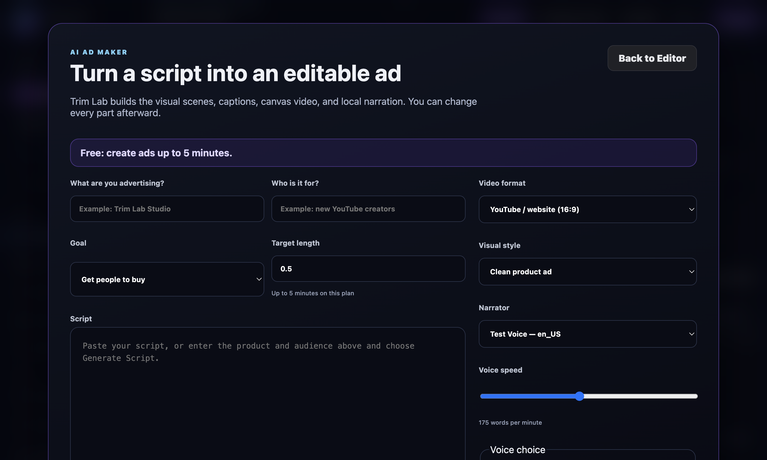 Trim Lab Studio AI Ad Maker with script, format, voice, and length controls