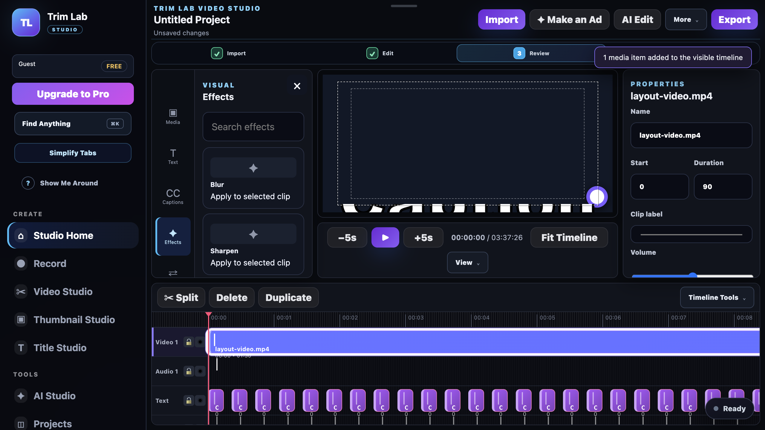 Trim Lab Studio video editor with preview, effects, properties, and timeline